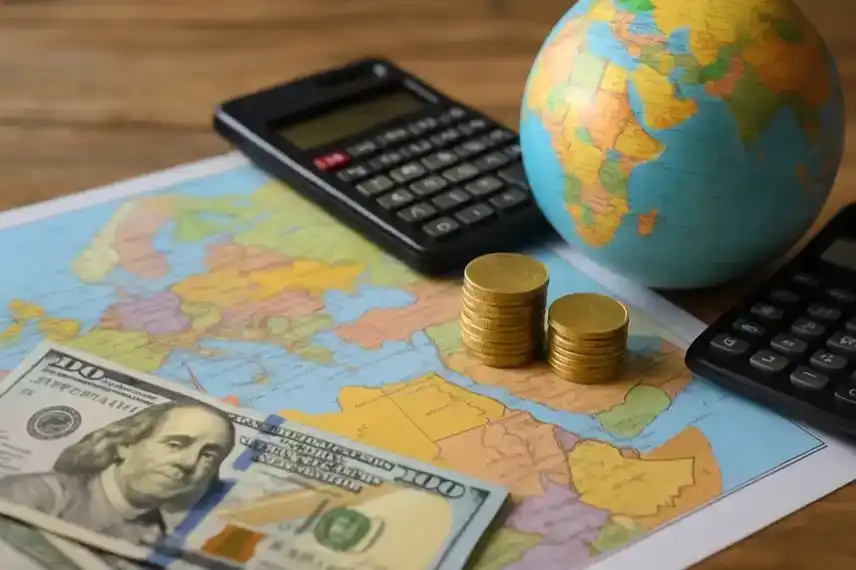 deutsche Investitionen in Afrika mit Globus, Geldscheinen, Münzen und Karte – Chancen und Risiken im Überblick.